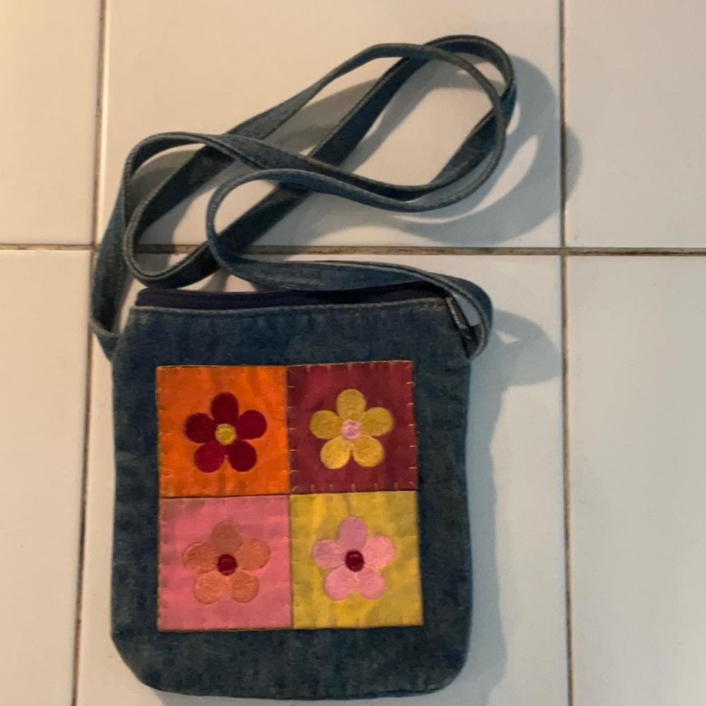 Blue and Pink Crossbody Bags with Floral Appliqué